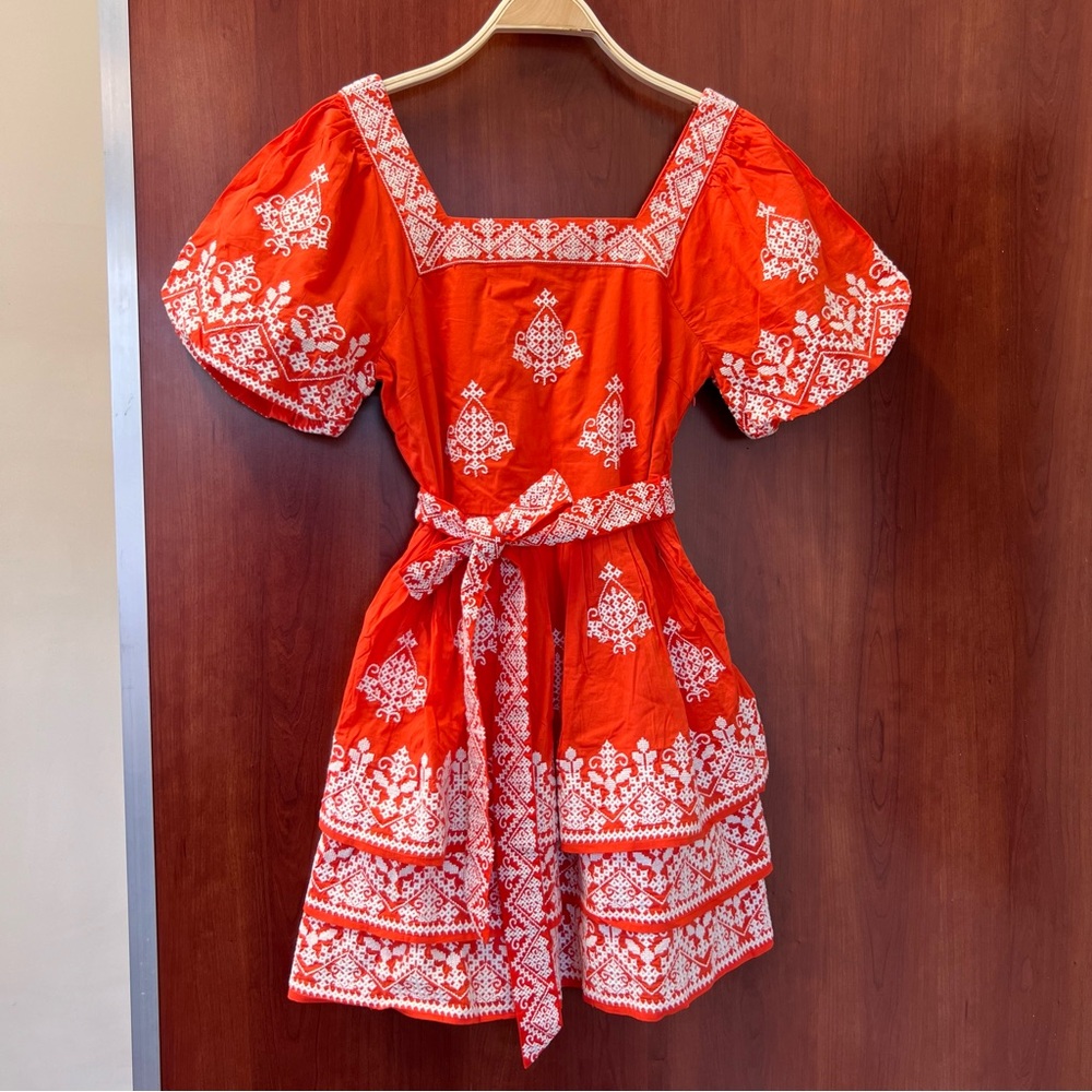 New Boden Square Neck Rara Dress in Firecracker New With Tag Size 6 Embroidered - Picture 1 of 16